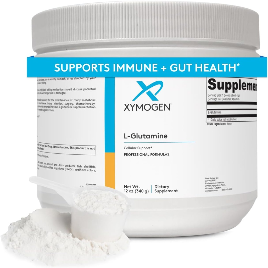 Supplément en poudre XYMOGEN L-Glutamine - favorise le système immunitaire cellulaire + la santé des intestins - soutient le maintien de la masse musculaire, 4000 mg L-Glutamine par portion (12 oz / 85 portions)