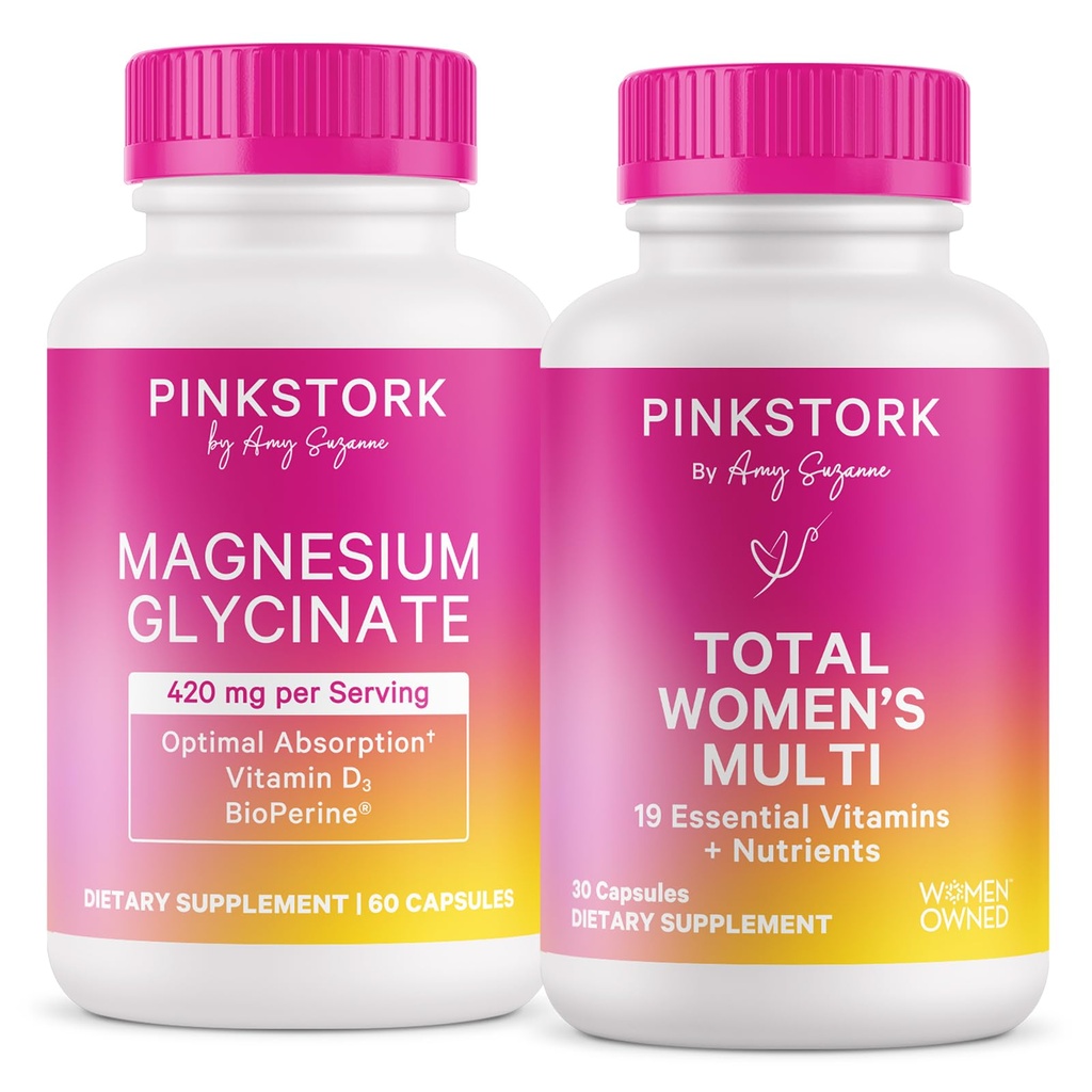 Pink Stork Magnesium Glycinate and Women's Multivitamin Bundle - Magnesium Supplement for Women, Calm, Mood, Hair, Skin, and Nails