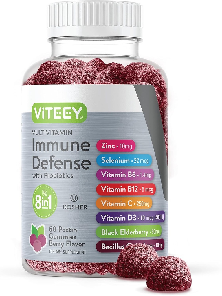 Viteey Multivitamin Gummies 8 en 1 Supplément de soutien immunitaire avec probiotiques - Immune Boosters pour adultes et adolescents - Végétarien, sans gélatine, sans OGM - Chewable Berry Flavored Pectin Imune Defense