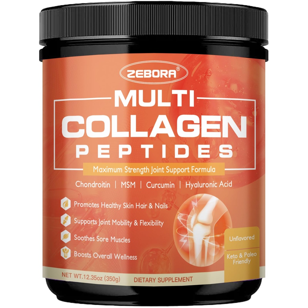 ZEBORA Multi-Collagen-Peptides-Powder with MSM & CS, Type I II III V X Hydrolyzed Collagen Peptides with Hyaluronic Acid & Vitamin C for Women and Men Hair, Skin, Nails & Joint, Non-GMO, 35 Servings