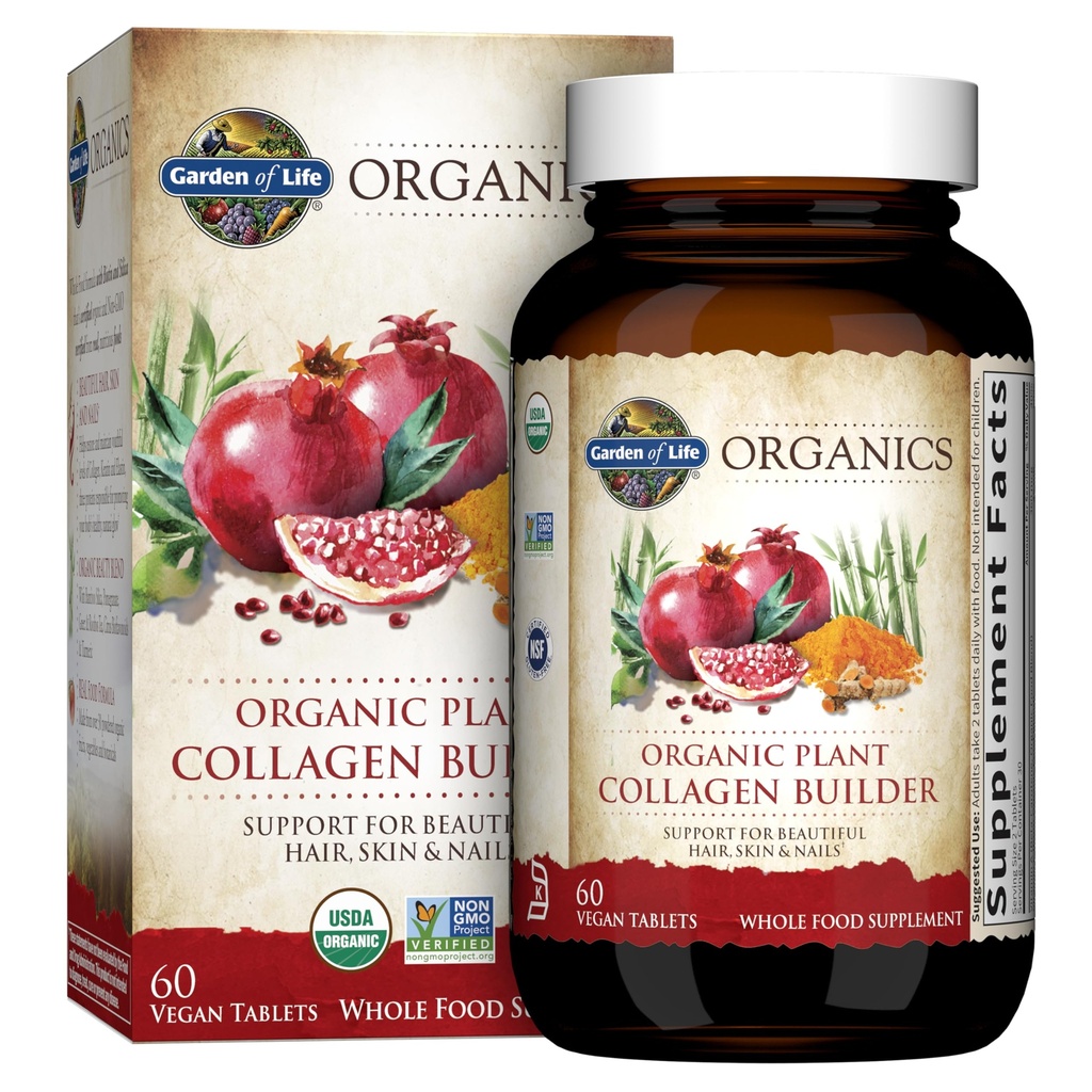 Garden of Life Organics Vegan Collagen Builder - Organic Plant Collagen Beauty Booster - Silica & Biotin for Hair, Skin, Nails and Joint Support – No Added Sugar, 60 Tablets