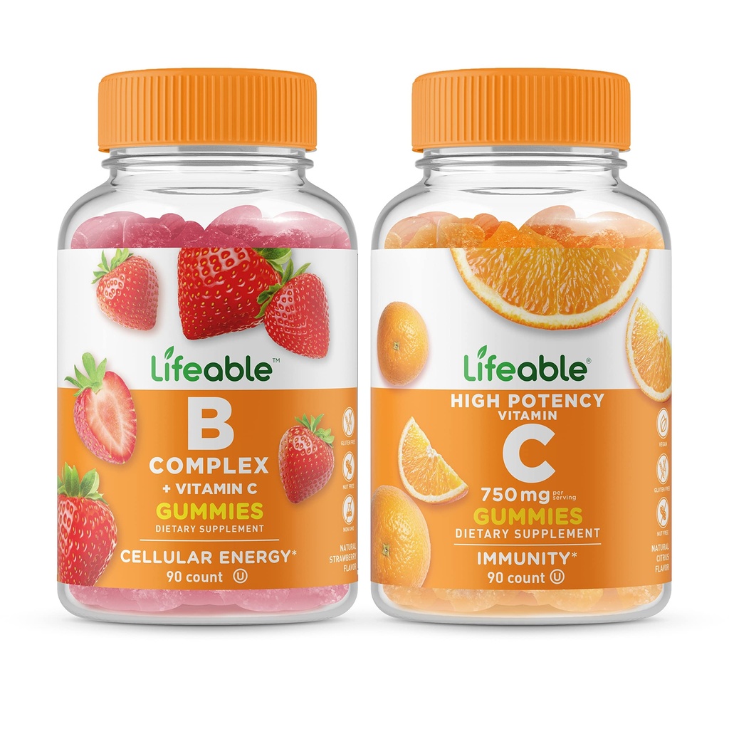 Complexe B durable + vitamine C 750mg, Gummies Bundle - Grande dégustation, supplément de vitamine, sans gluten, sans OGM, à croquer