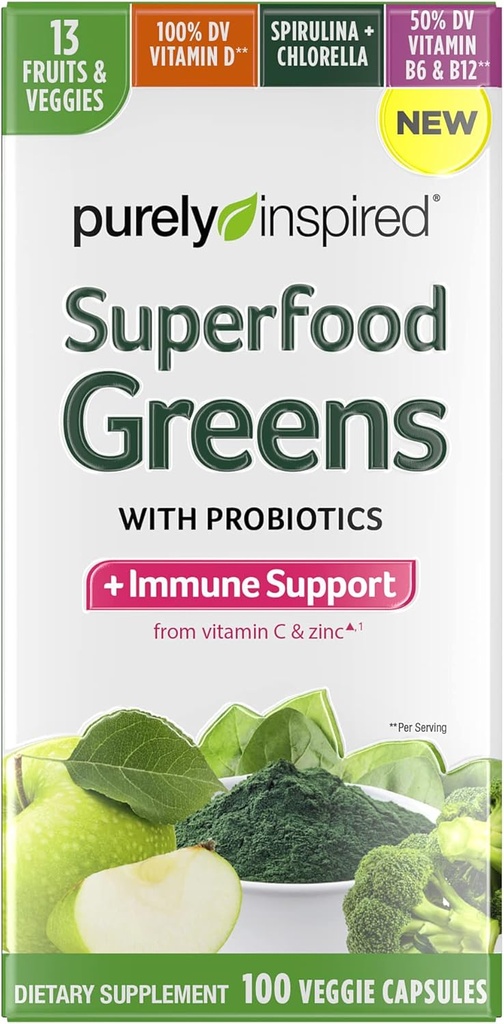 Purely Inspired Greens Superfood Capsules Superfood Greens Capsules Vitamine C & Zinc pour le soutien immunitaire + Vitamine D 13 Fruits et légumes 100 Capsules de légumes