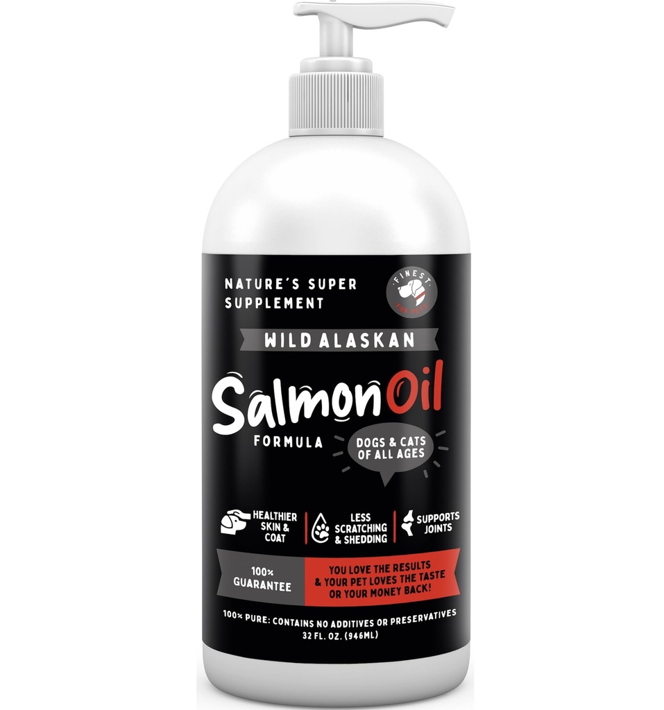 Huile de saumon sauvage d'Alaska pour chiens et chats - Omega 3 Huile de poisson avec du Pollock et du saumon pour la peau sensible et la santé du manteau. EPA & DHA Ease Démangeaisons, soutient la santé articulaire, immunitaire et cardiaque (32oz)