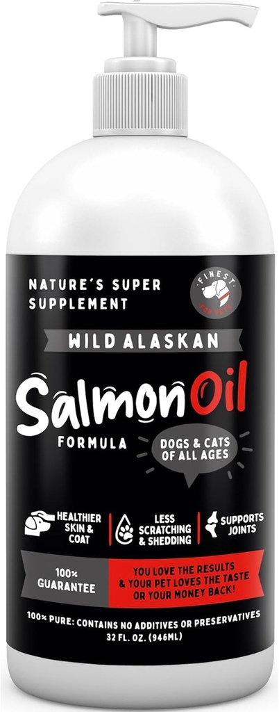 Huile de saumon sauvage d'Alaska pour chiens et chats - Omega 3 Huile de poisson avec du Pollock et du saumon pour la peau sensible et la santé du manteau. EPA & DHA Ease Démangeaisons, soutient la santé articulaire, immunitaire et cardiaque (32oz)