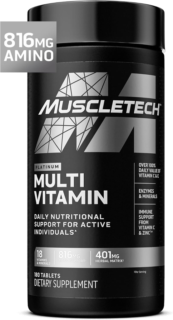 Multivitamines de platine Muscletech pour les hommes et les femmes - Supplément multivitamine pour le soutien immunitaire - 18 vitamines et minéraux, vitamine A C D E B6 B12 - Suppléments d'entraînement quotidien pour les hommes - 180 capsules