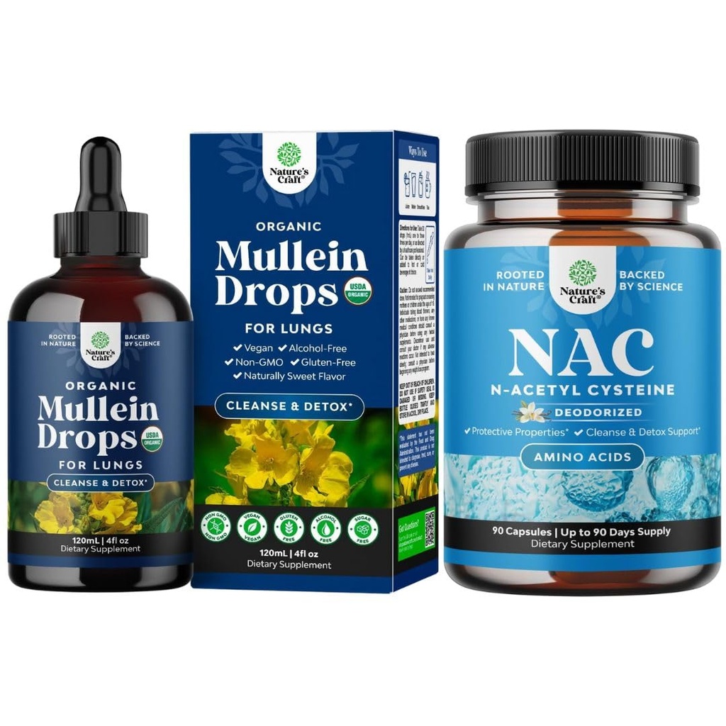 Bundle of USDA Organic Mullein Drops for Lungs with Marshmallow Root Extract & Plantain Leaf for Respiratory Lung Health and NAC N-Acetyl Cysteine 600mg Glutathione Precursor for Liver Cleanse Detox