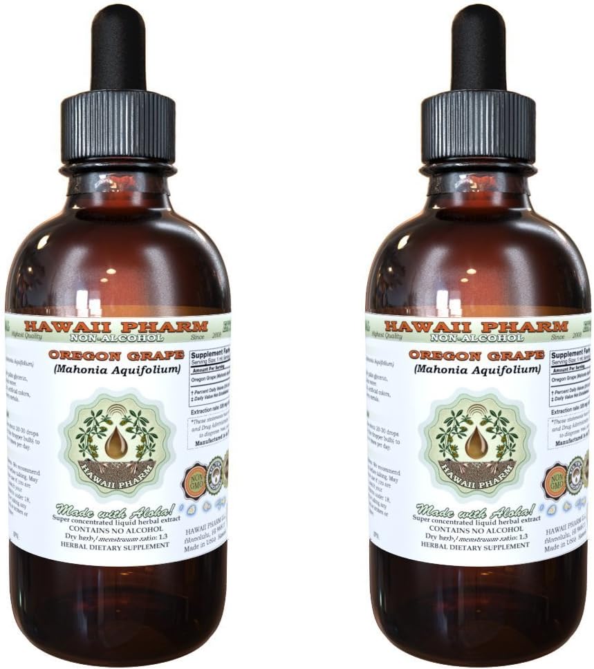 Hawaii Pharm Oregon Extrait liquide sans alcool de raisin, Oregon Raisin (Mahonia aquifolium) Graine séchée Glycérite supplément naturel à base de plantes, États-Unis 2x2 fl.oz