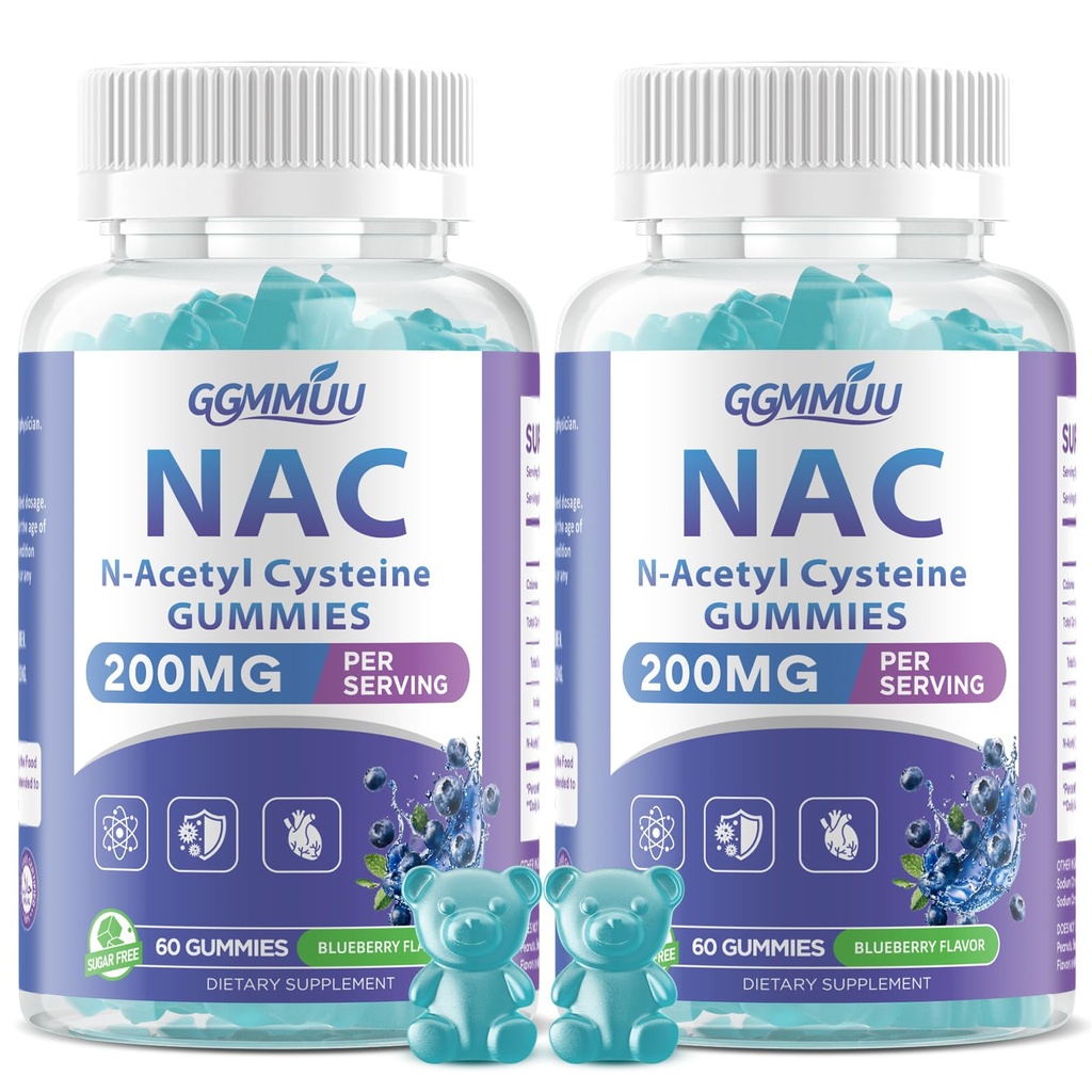 2 Pack NAC Gummies for Kids & Adults, NAC Supplement N Acetyl Cysteine 200mg for Antioxidants & Immune Support, Non-GMO, Gluten-Free, Vegan, Sugar Free, Blueberry Flavor, 120 Count