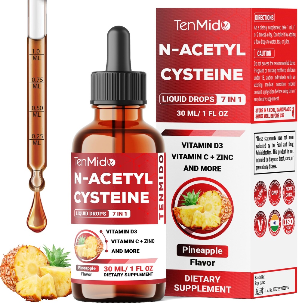 7in1 Nac Supplement N-Acetyl Cysteine Liquid Drops with Quercetin, Trans-Resveratrol, Black Pepper, Vitamin D3, Vitamin C, and Zinc - 30ml 1 Fl Oz