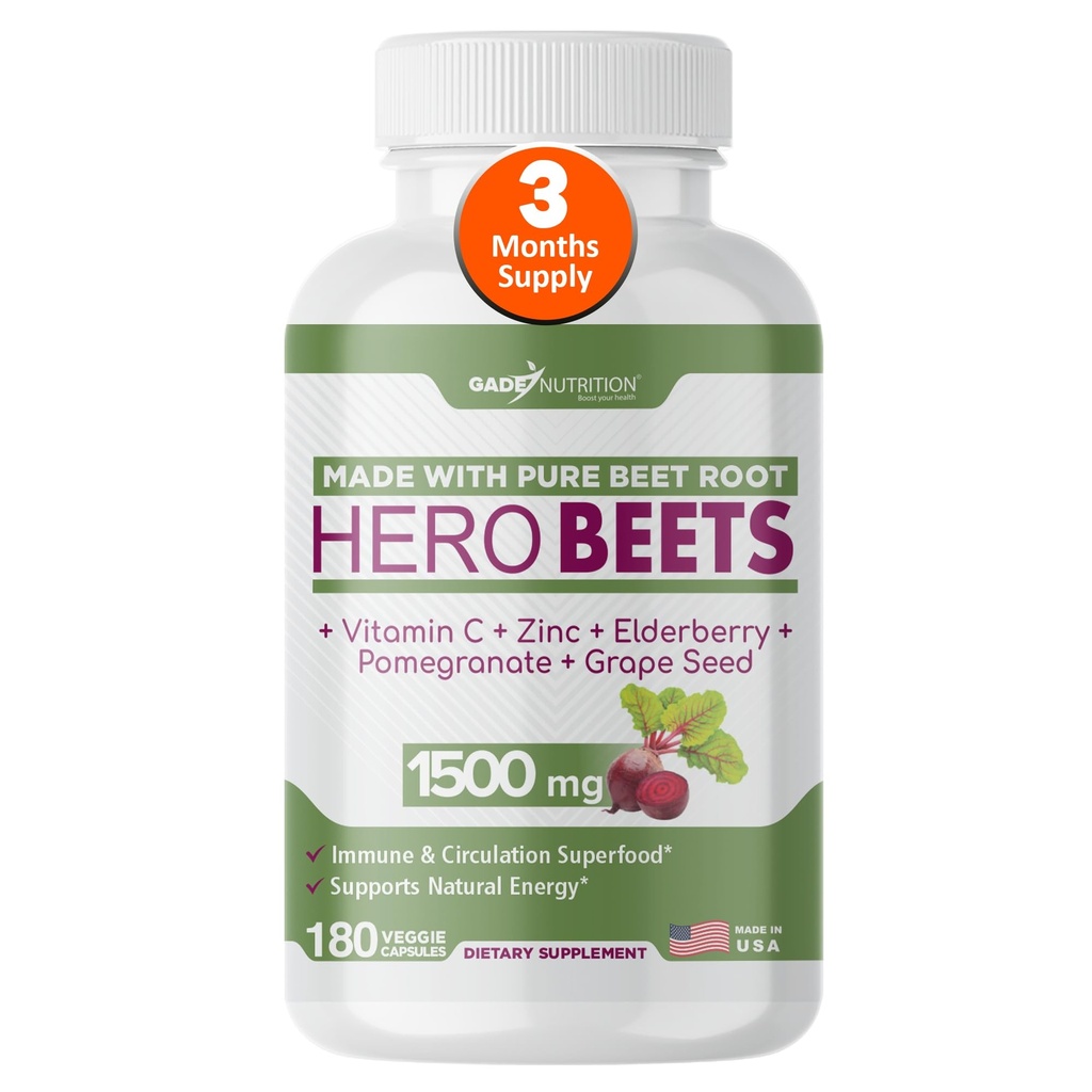 Gade Nutrition Hero Beets - Capsules de racine de betterave 1500mg - Poudre de racine de betterave biologique + vitamine C Zinc, Elderberry, grenade, extrait de graines de raisin - 3 mois d'approvisionnement