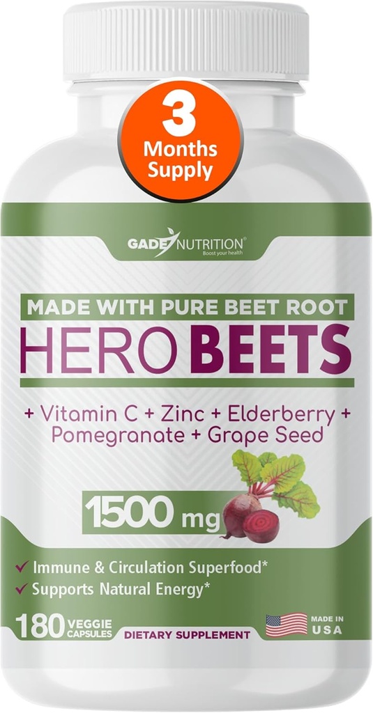 Gade Nutrition Hero Beets - Capsules de racine de betterave 1500mg - Poudre de racine de betterave biologique + vitamine C Zinc, Elderberry, grenade, extrait de graines de raisin - 3 mois d'approvisionnement
