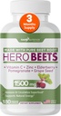 Gade Nutrition Hero Beets - Capsules de racine de betterave 1500mg - Poudre de racine de betterave biologique + vitamine C Zinc, Elderberry, grenade, extrait de graines de raisin - 3 mois d'approvisionnement