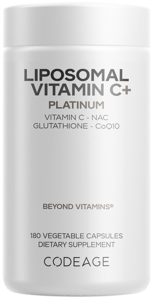 Codeage Vitamine liposomique C+ Platine - 1000 Mg Vitamine C Vitamines, Glutathion, NAC (N Acetyl Cysteine), Resvératrol, CoQ10, Rutin, Elderberry, Quercetin, Rosehip, Citrus Bioflavonoïdes - 180 Capsules