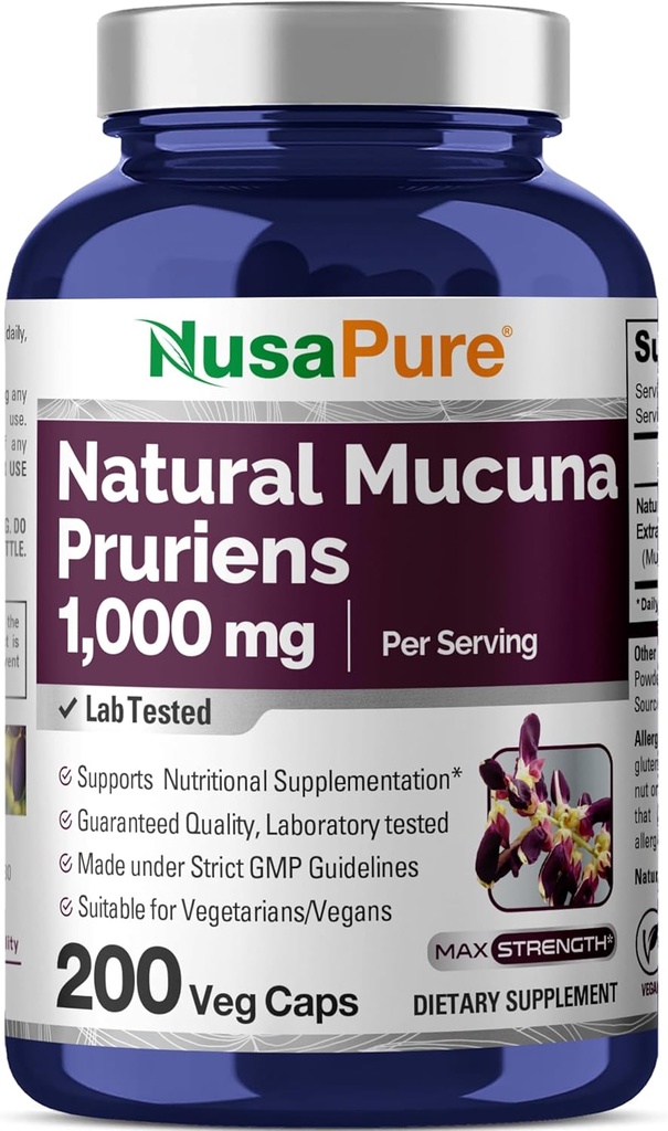 NusaPure Mucuna Pruriens 1000mg 200 Veggie Caps (non-OGM, 100% végétarien, végétalien)