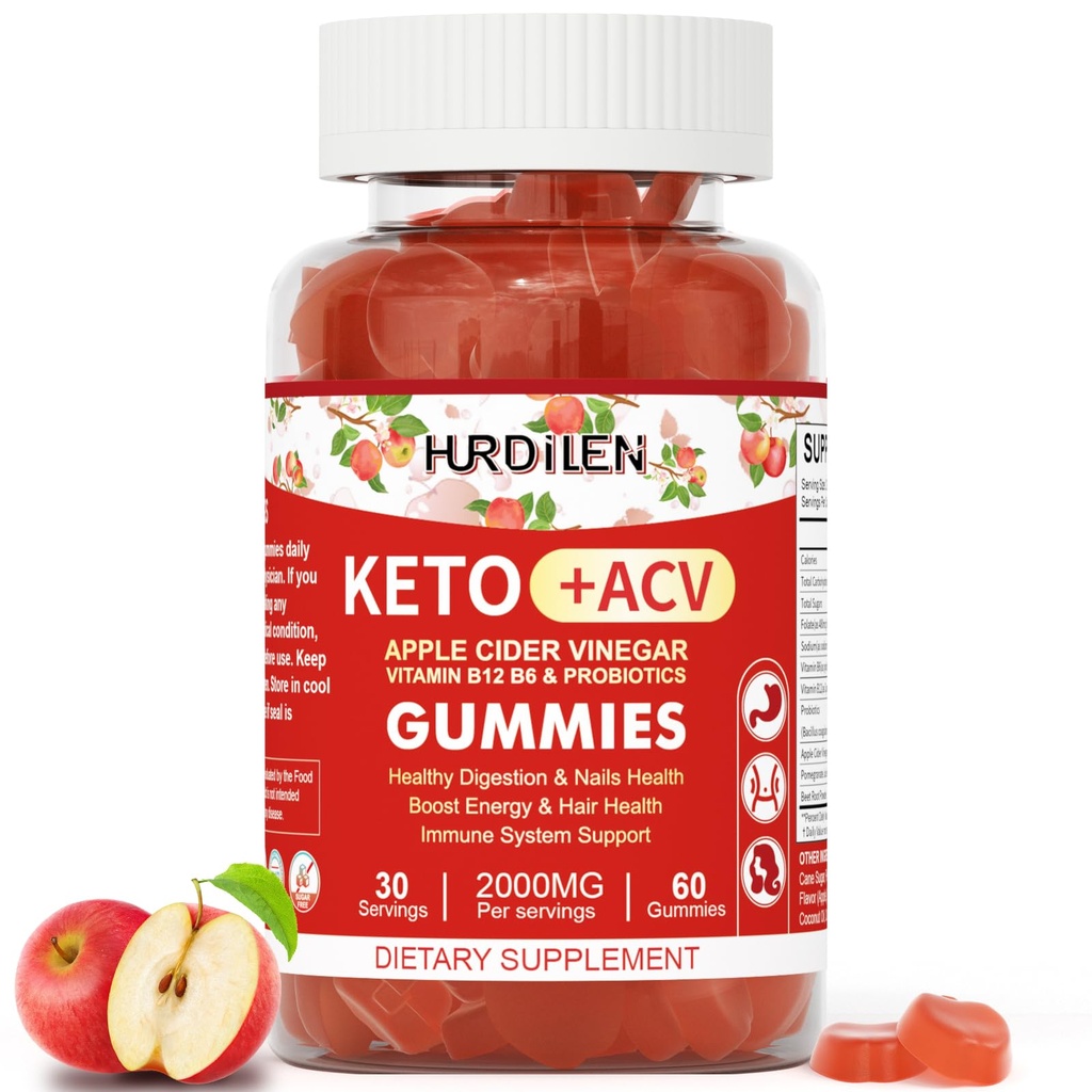 Gummées de vinaigre de cidre de pomme - 2000mg Gummées de vinaigre de cidre de pomme avec probiotiques, vitamine B12 et B6 pour la digestion, la stimulation énergétique, la vaccination et la santé des cheveux - 60 Compte sans sucre, non-OGM, sans gluten pour les femmes hommes