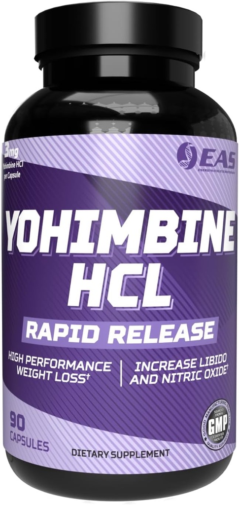 EAS Yohimbine HCL-HCL-Height Loss & Athletic Performance Amélioration de la technologie de libération rapide sans gluten, sans OGM, respectueux des végétaux 90 capsules
