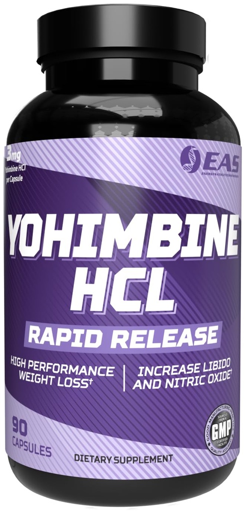 EAS Yohimbine HCL-HCL-Height Loss & Athletic Performances Amélioration de la technologie de libération rapide sans gluten, sans OGM, respectueux des végétaux 90 capsules
