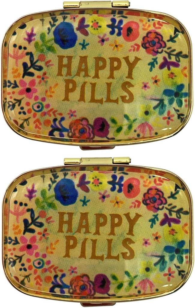 AmyZone Metal Pill Organizer Travel Friendly Portable Compact Pill Box Cute Pill Case to Hold Vitamines/Tylenol/Pish Oil/Supplements/Meds/Tablet for Purse/Pocket (Happy Pills 2 pcs with Mirror Inside)