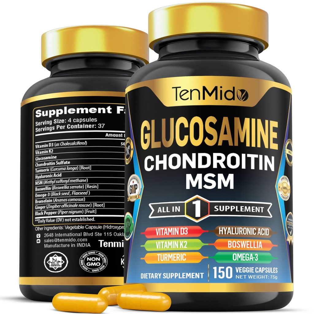 Glucosamine Chondroïtine MSM Supplément - 12in1 Formule - Combiner avec l'acide curcuma, l'acide hyaluronique, la boswellie, l'oméga-3, le bromelain, le gingembre, et plus - Soutien de santé conjoint - 150 capsules