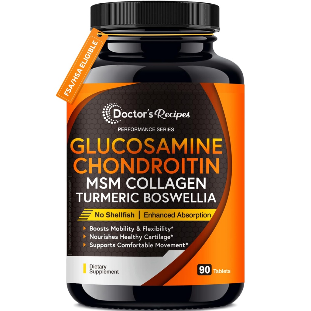 Doctor's Recipes Glucosamine Chondroitin MSM Turmeric Quercetin, with Black Pepper for High Absorption, No Shellfish, 90 Tablets