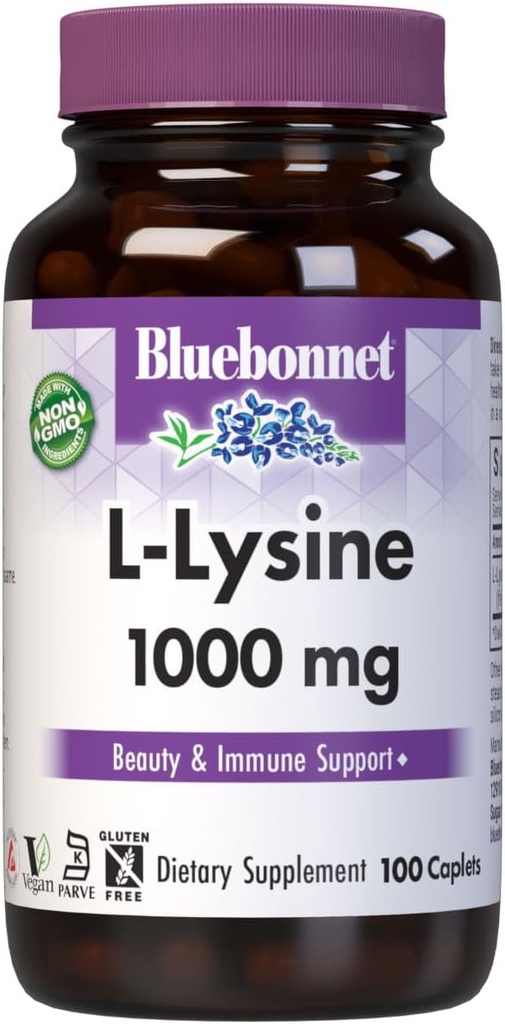 BlueBonnet L-Lysine 1000mg Essential Amino Acids Supplement - Immune & Collagen Support Supplements for Women & Men - Non-GMO, Vegan & Gluten-Free - 1000 mg L Lysine Per Serving - 100 Caplets