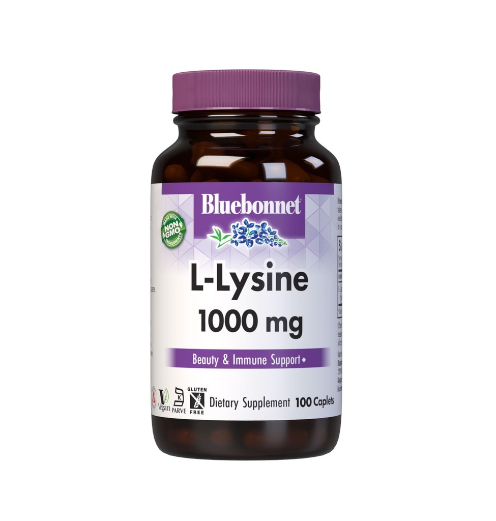 Supplément pour acides aminés essentiels BlueBonnet L-Lysine 1000mg - Suppléments de soutien immunitaire et collagène pour les femmes et les hommes - Non-OGM, végétalien et sans gluten - 1000 mg L Lysine par portion - 100 capsules