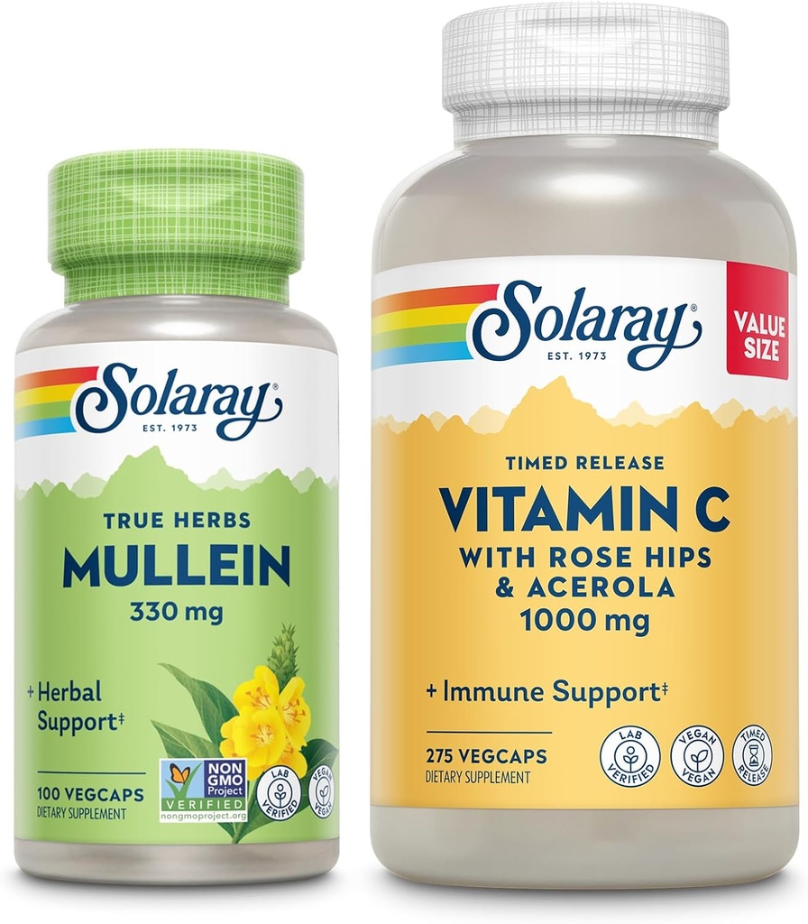 SOLARAY Vitamine C 1000mg et Mullein Leaf Wellness Bundle - Supplément de vitamine C à libération dans le temps et capsules Mullein, traditionnellement utilisés pour le bien-être - Vegan, garantie de 60 jours, 275/100 VegCaps