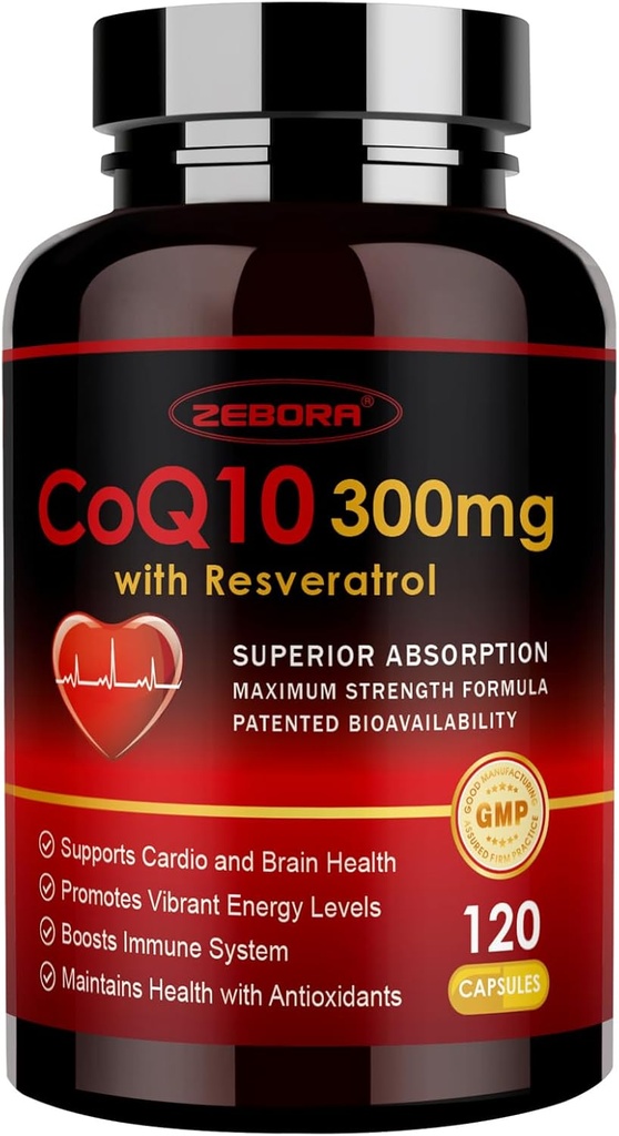 ZEBORA CoQ10-300mg avec Trans-Résvératrol, PQQ & Vitamine E - Coenzyme d'absorption élevée-Q10 avec BioPerine - puissant antioxydant pour le cœur et la production d'énergie,120 Capsules de Veggie