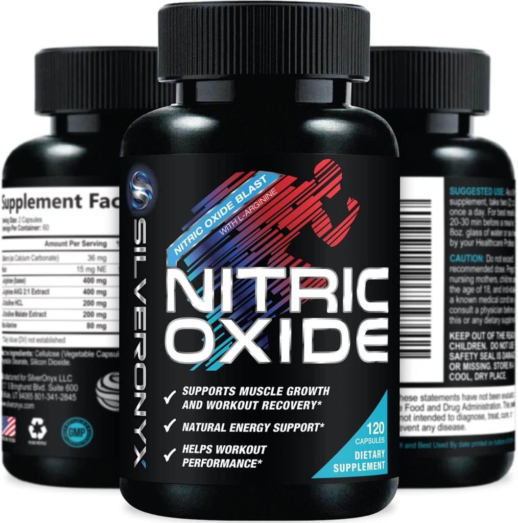 Extra Strength Supplément à oxyde nitrique 3X Strength L Arginine, Citrulline Malate, AAKG, Beta Alanine - Booster nitrique de soutien musculaire Premium - Énergie naturelle et soutien de la santé cardiaque - 120 capsules
