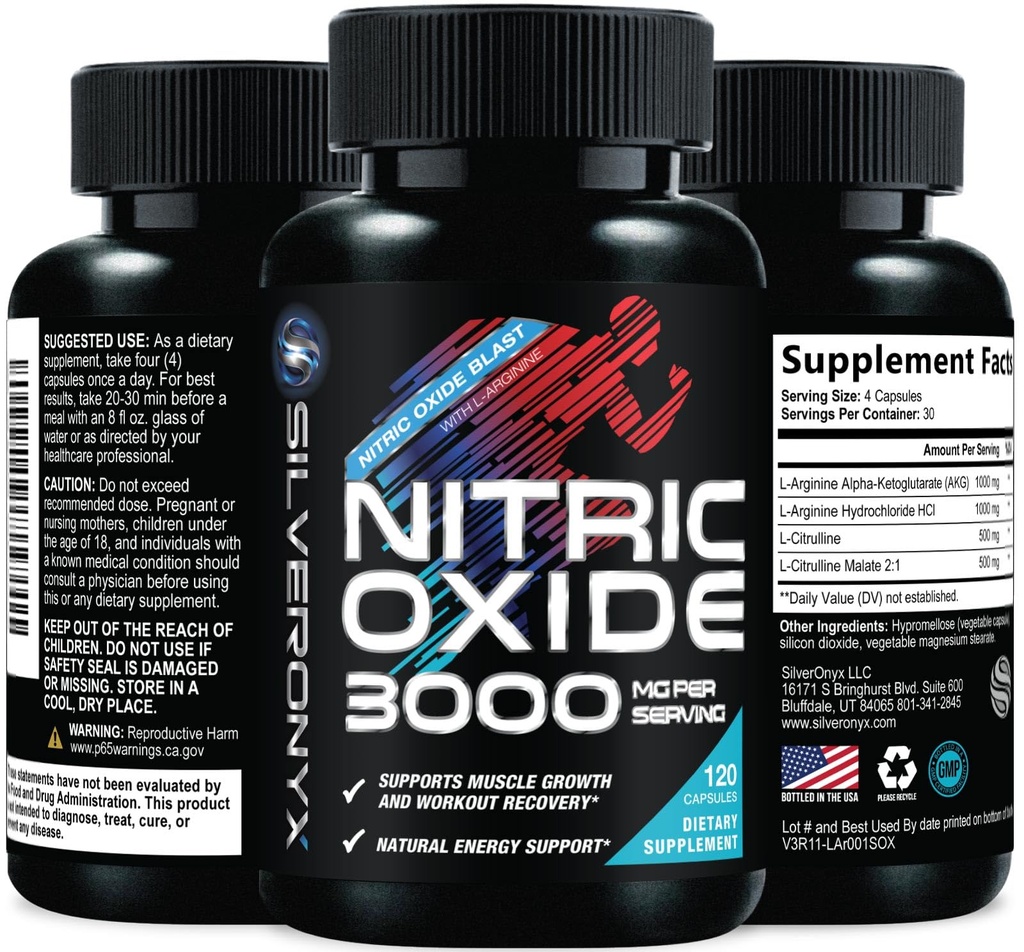 Extra Strength Supplément à oxyde nitrique 3X Strength L Arginine, Citrulline Malate, AAKG, Beta Alanine - Booster nitrique de soutien musculaire Premium - Énergie naturelle et soutien de la santé cardiaque - 120 capsules