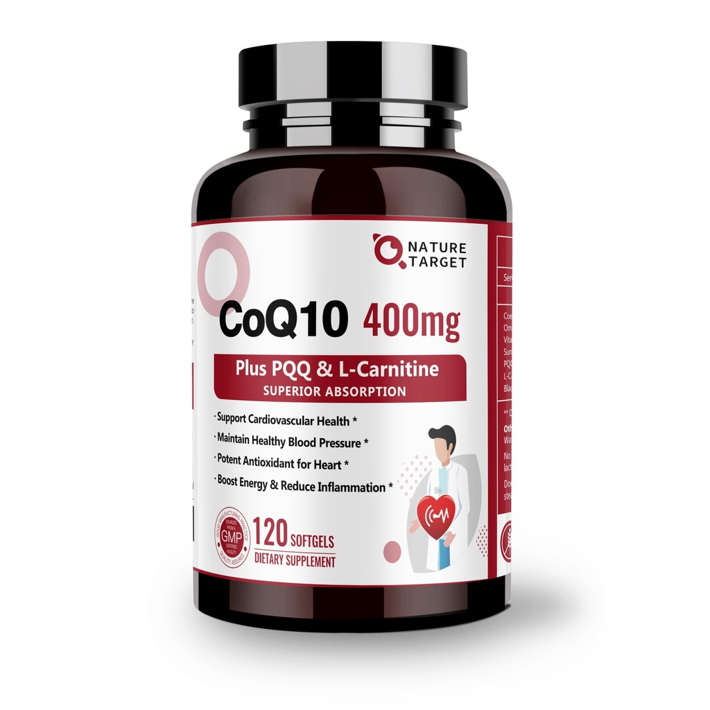 NATURE TARGET CoQ10-400mg avec PQQ, Omega-3s & L-Carnitine, Coenzyme d'absorption élevée-Q10 avec BioPerine, Supporte le cœur, le cerveau, le système immunitaire, la production d'énergie, 120 services