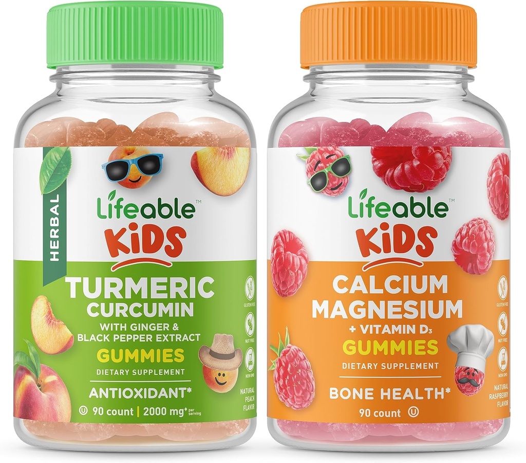 Curcumine curcumine curcuma vivace pour enfants + Calcium Magnésium pour enfants, Gommies Bundle - Grande dégustation, supplément de vitamine, sans gluten, sans OGM, gommy à croquer