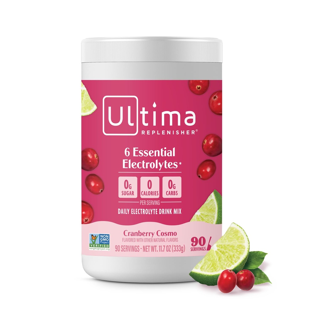 Ultima Replenisher Mélange quotidien de poudre d'électrolyte – Sans sucre – Cosmo de canneberge, 90 portions – Poudre d'hydratation avec 6 électrolytes clés et minéraux traces – Keto Friendly, non-OGM