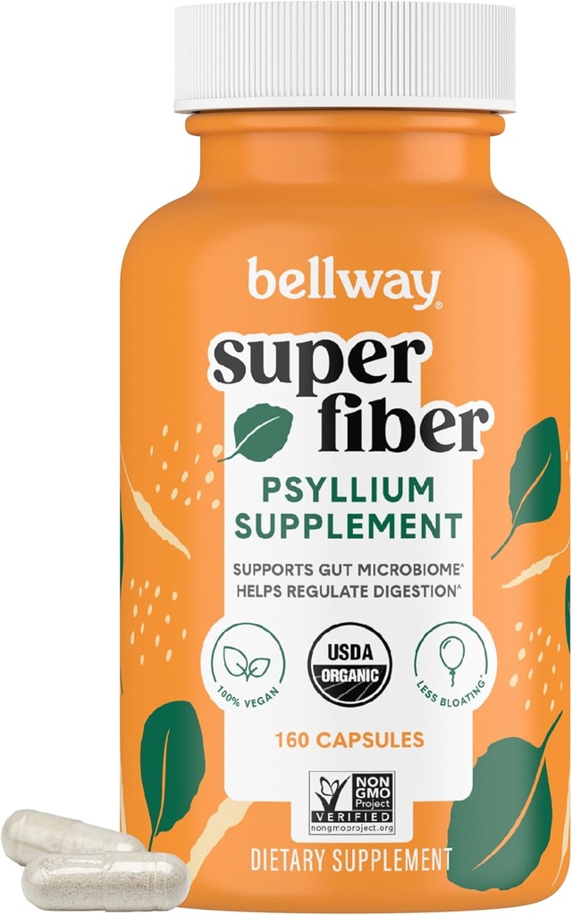 Bellway Super Fiber Capsules - USDA Organic Psyllium Husk Capsules - Supplément quotidien de fibre de Psyllium Husk pour la santé et la régularité digestives - à base végétale, non-OGM, Kosher - 160 capsules