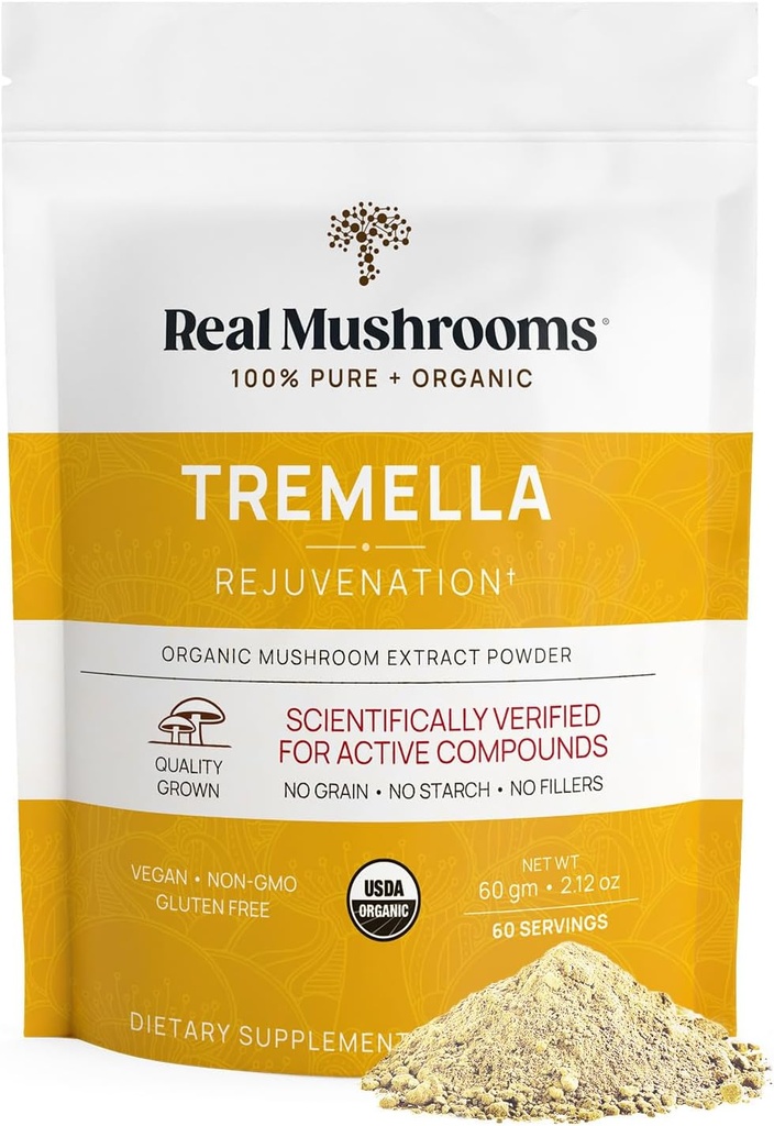 Véritables champignons Tremella Poudre de champignons – Extrait de Tremella biologique du corps fruitier – pour la routine quotidienne de bien-être – végétalien, non-OGM, sans remplissage – 60 portions Mélange de champignons