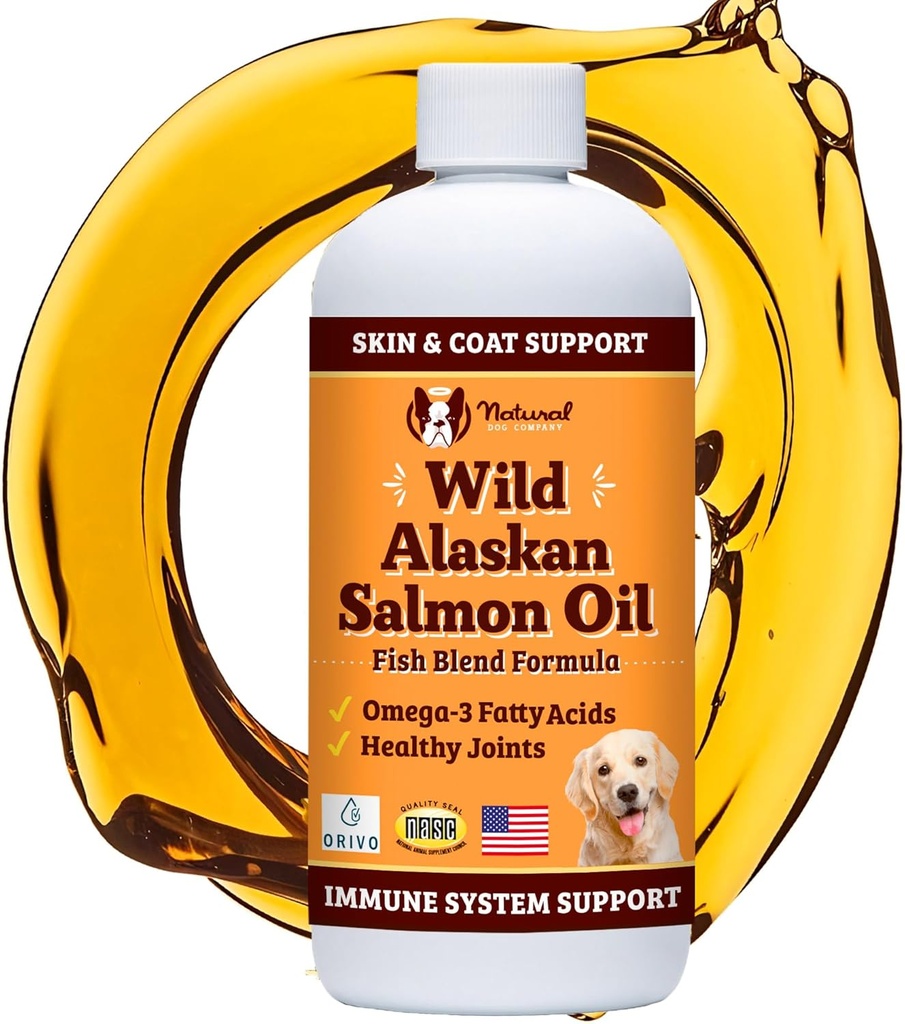 Natural Dog Company Wild Alaskan Salmon Oil Formula with Omega 3, Fish Oil for Dogs Complement, Skin & Coat Dog Oil, Itchy Relief, Immune Support for Joints & Heart, Food Topper, 8 oz.