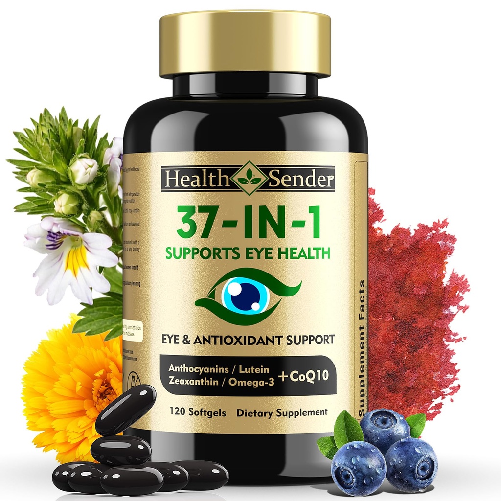 37 en 1 Vitamines oculaires avec supplément de lutéine et de zéaxanthine – supplément d'oeil avec CoQ10, Oméga-3, Minéraux aide à la santé des yeux pour les adultes et les aînés, supplément de vision quotidienne, 120 softgels noirs