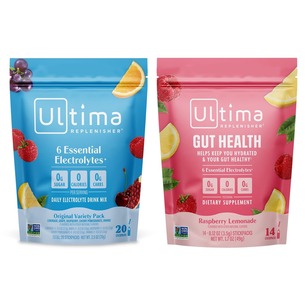 Ultima Replenisher Mélange de poudre d'électrolyte – Sans sucre – Variété, Gut Health – 20 Stickpacks, 14 Stickpacks – 6 Electrolytes et Minéraux – Keto Friendly, Vegan, Non-OGM
