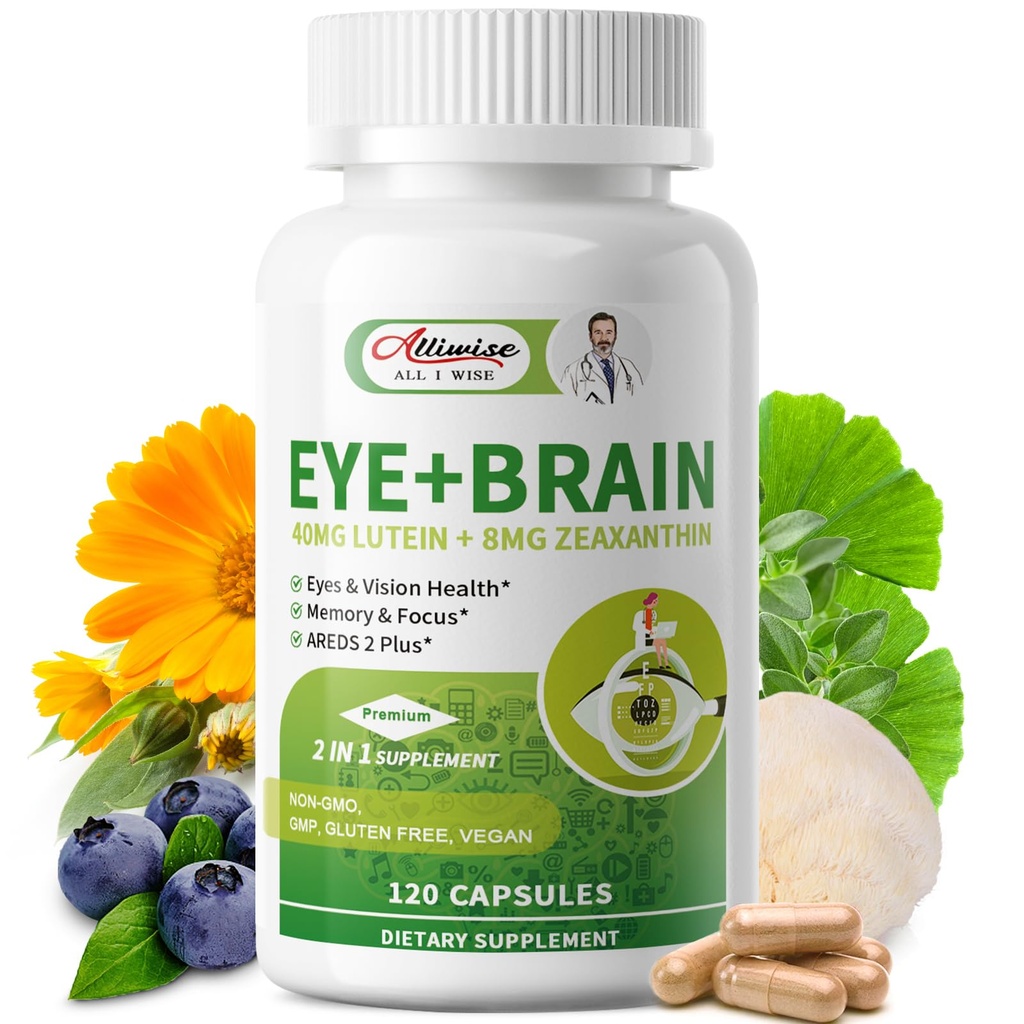 Suppléments Eye + Cerveau pour Mémoire et Focus, Lutein 40mg, Zeaxanthin, Astaxanthin, Bilberry, Lion, Lion, Bacopa Monnieri, Ginkgo Biloba, 14 en 1 Vitamines oculaires pour adultes et aînés 120 Capsules