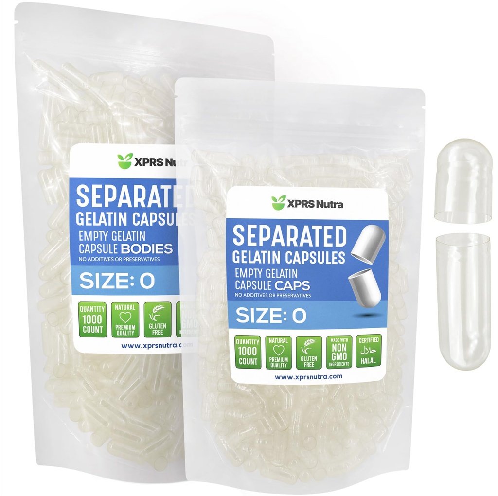 XPRS Nutra Gélatine Taille 0 Capsules séparées - 1000 Nombre Effacer Capsules vides Séparées dans des sacs - Taille 0 Gel de gélatine Effacer Capsules pour le remplissage de supplément de bricolage