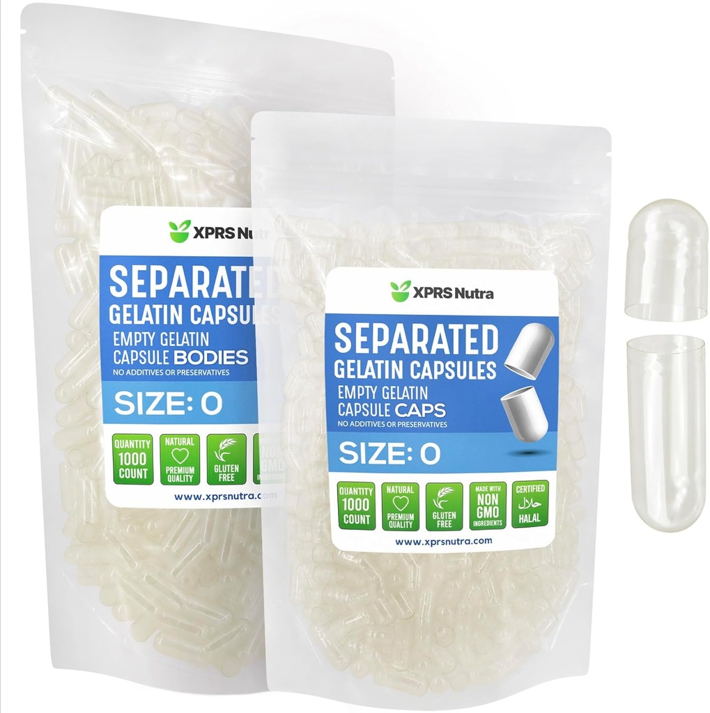 XPRS Nutra Gélatine Taille 0 Capsules séparées - 1000 Nombre Effacer Capsules vides Séparées dans des sacs - Taille 0 Gel de gélatine Effacer Capsules pour le remplissage de supplément de bricolage