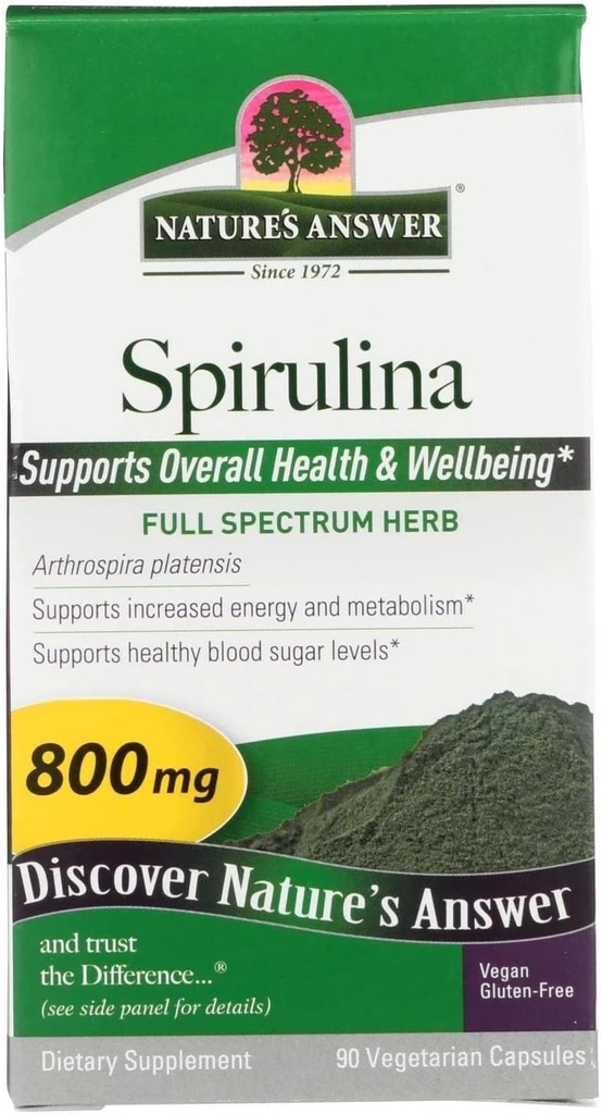 Nature's Answer Spirulina Herbal Powder Capsules 90 Count | Natural Immune Support | Pre Biotic | Rich in Fiber, Proteins, Antioxidants and Vitamins