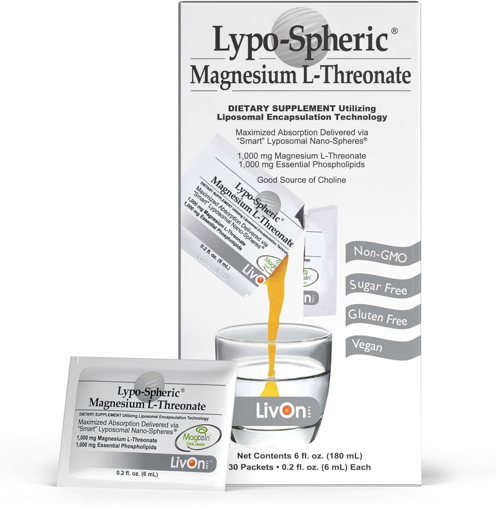 Livon Laboratories Lypo-Spheric Magnésium L-Thréonate - 30 Packets - 77mg Par Packet - Liposome encapsulé pour une biodisponibilité maximale - Formule professionnelle - 100% Non-OGM