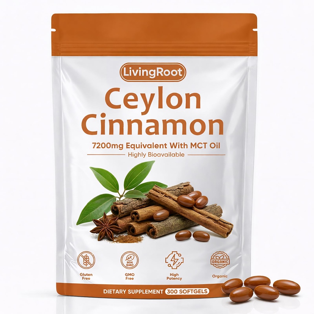 Living Root Ceylon Cinnamon - 300 Softgels 7200mg Equivalent with MCT Oil, Livingroot Organic Ceylon Cinnamon Powder Supplement for Supports Metabolism, Liver Function & Energy (1)