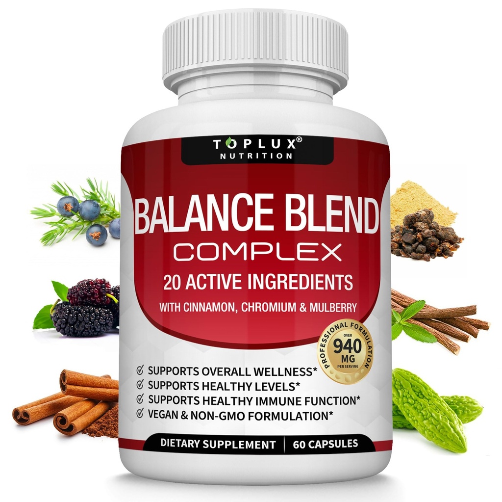 Premium Natural Balance Blend Complex Supplement - Natural 20 Herbs and Vitamins with Cinnamon Non-GMO Vegan, for Men Women, 60 Capsules