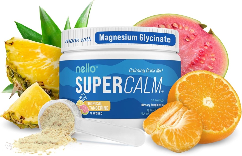 Nello Supercalm Mélange de boisson en poudre, Tangerine tropicale, L Theanine, Ksm-66 Ashwagandha, Magnésium Glycinate, Vitamine D 3, Suppléments pour la relaxation et la concentration, Naturel, Pas de sucre, Non OGM, 30 Srvg