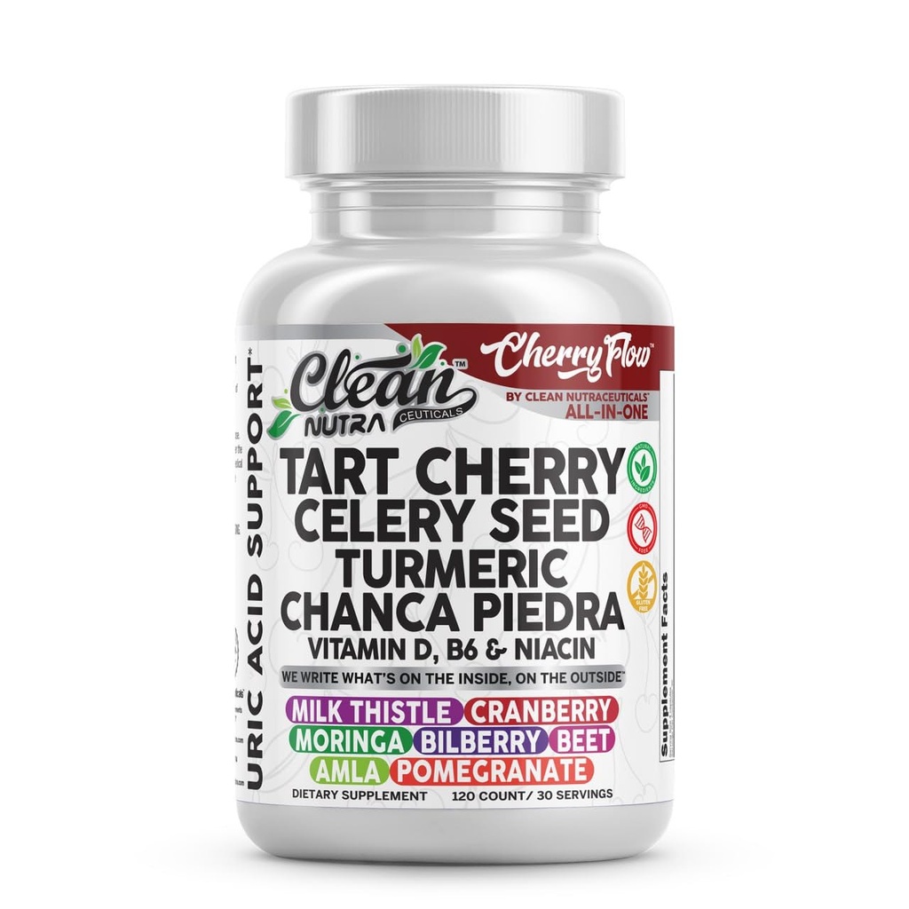 Cherry Flow Tart Cherry Capsules Uric Acid Support Celery Seed Turmeric Chanca Piedra Vitamin D Vitamin B6 Niacin Milk Thistle Moringa Extract Pomegranate Beets 90 Count By Clean Nutra