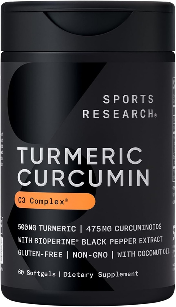 Recherche sportive Curcumine curcumine C3 Complexe 500 mg, poivre amélioré et noir et huile de noix de coco biologique pour une meilleure absorption; sans OGM et sans gluten - Curcuminoïdes standardisés à 95 % (60 softgels de comte)