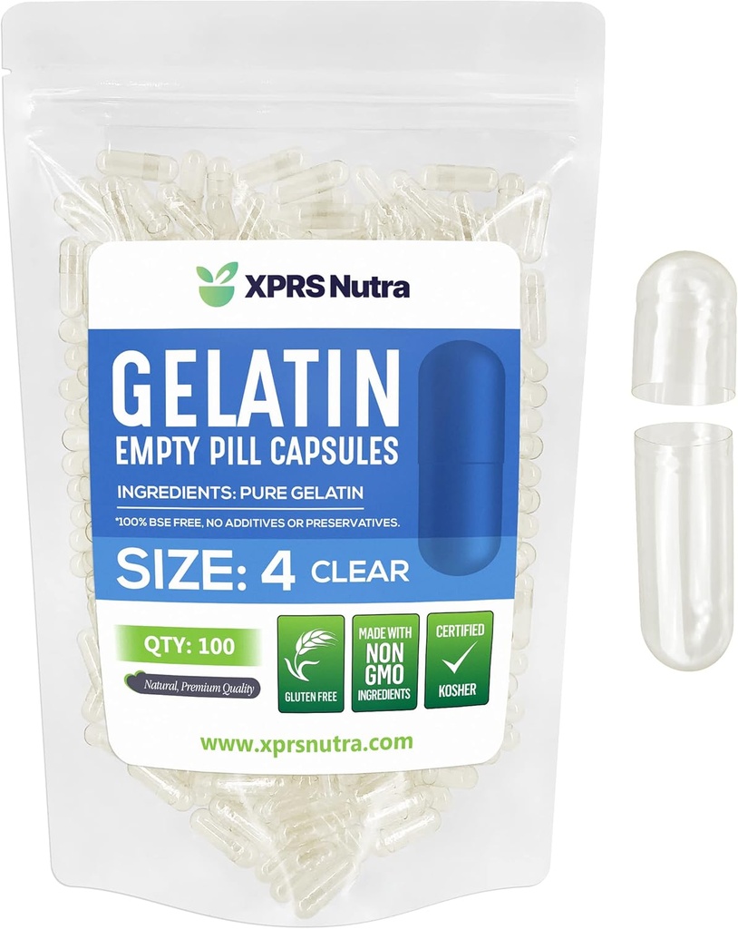 XPRS Nutra Taille 4 Capsules vides - 100 Compter les petites capsules de gélatine vides - Pills Bricolage Capsule Remplissage - Gel de pilules pures rechargeables pour Do-It-Youlf Suppléments